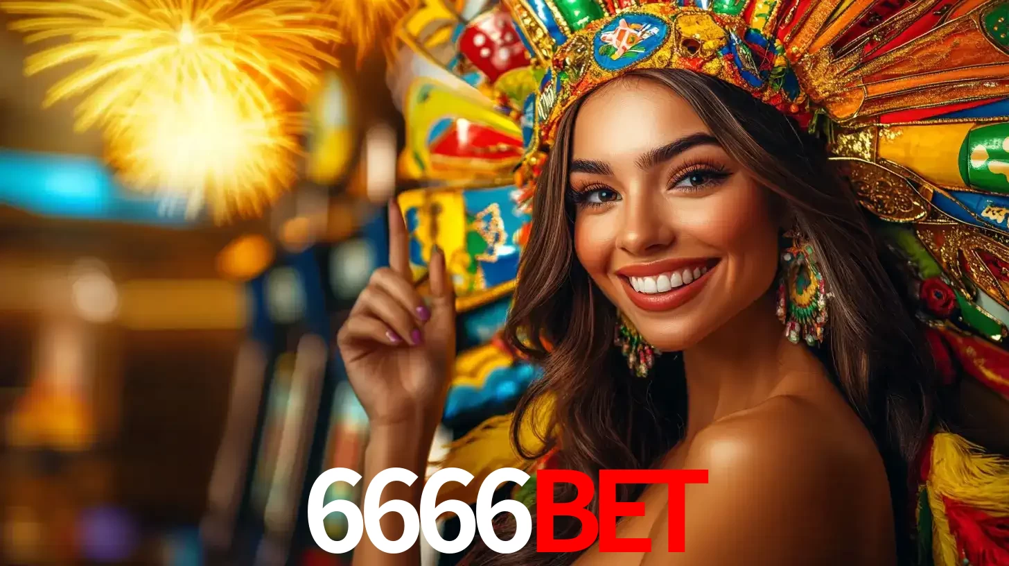 Mulher sorridente com um cocar de carnaval vibrante e colorido, celebrando uma grande vitória nos jogos do cassino 6666bet com fogos de artifício ao fundo.