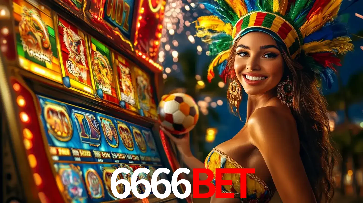 Mulher com um cocar de carnaval ao lado de uma máquina de caça-níqueis enquanto segura uma bola de futebol, mostrando a união da diversão de cassino e esportes no 6666bet.