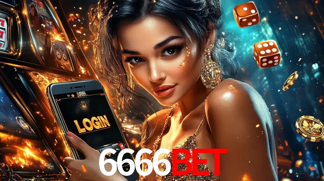 Mulher glamourosa segurando um celular com a tela de login do cassino 6666bet, rodeada por dados e moedas douradas, pronta para começar a diversão.