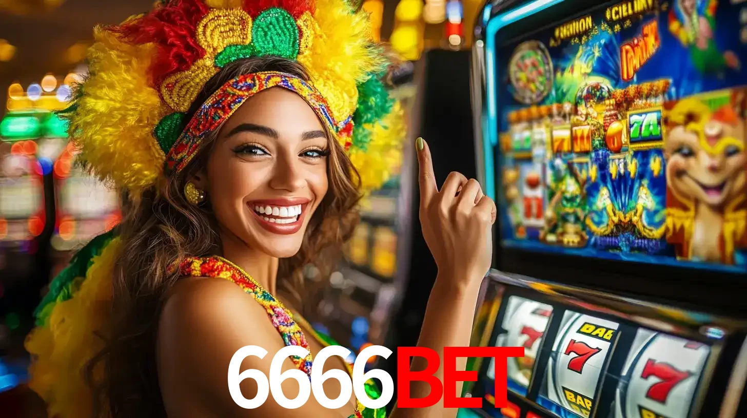 Mulher animada com um cocar de carnaval apontando para uma máquina de caça-níqueis, mostrando a emoção de ganhar um grande prêmio nos jogos do 6666bet.