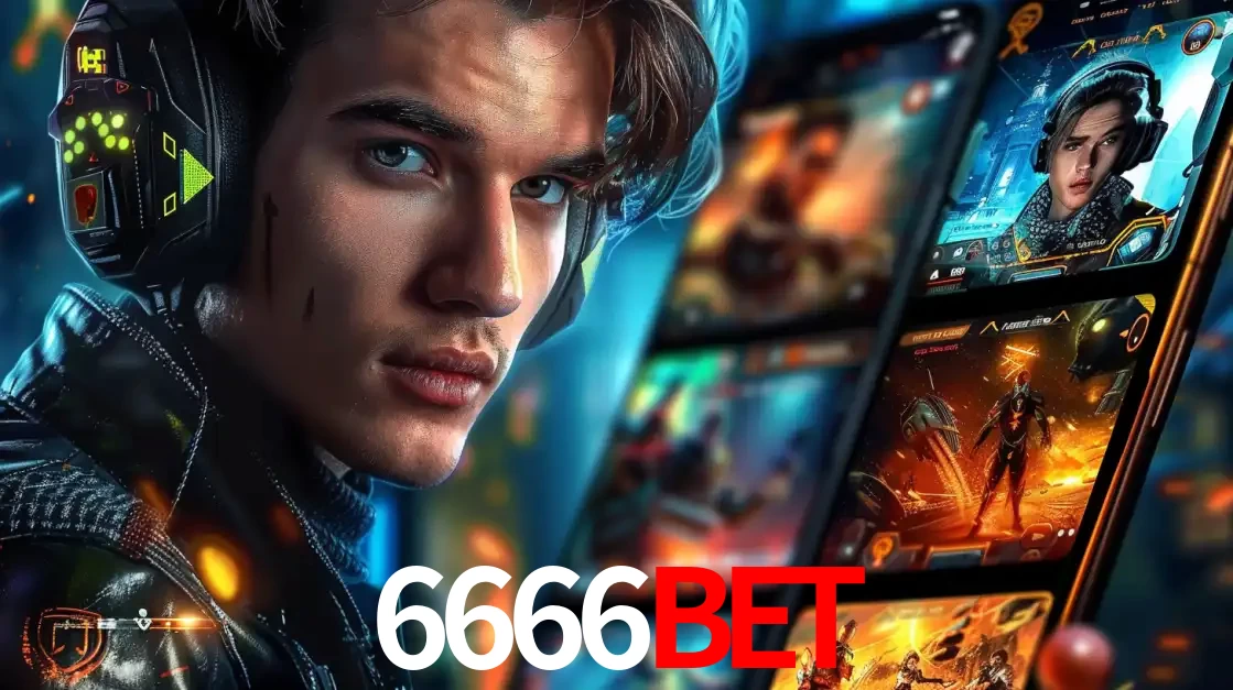 Jovem jogador com fones de ouvido olhando para a câmera, com um aplicativo de jogos e e-sports para celular ao fundo, pronto para a competição e apostas no 6666bet.