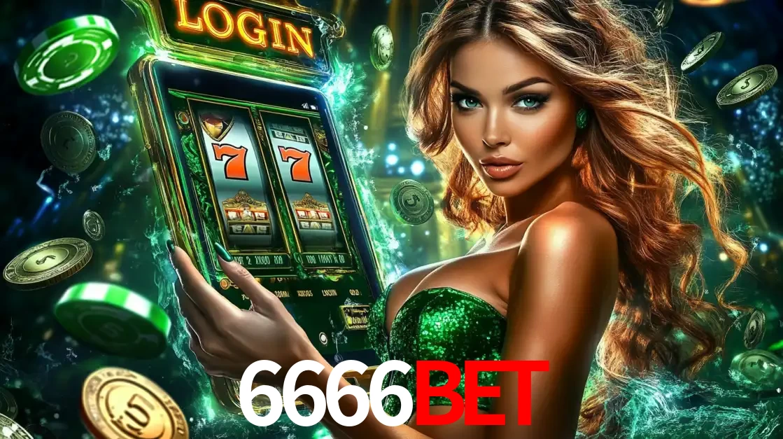 Mulher com tema verde apresentando o aplicativo do cassino 6666bet com um jogo de slot de 777, cercada por fichas de cassino e uma aura de sorte.