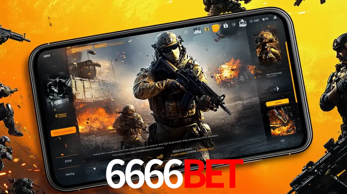 Um smartphone exibindo a interface de um jogo de tiro em primeira pessoa, com um soldado em um cenário de batalha, representando a ação dos e-sports para apostar no 6666bet.