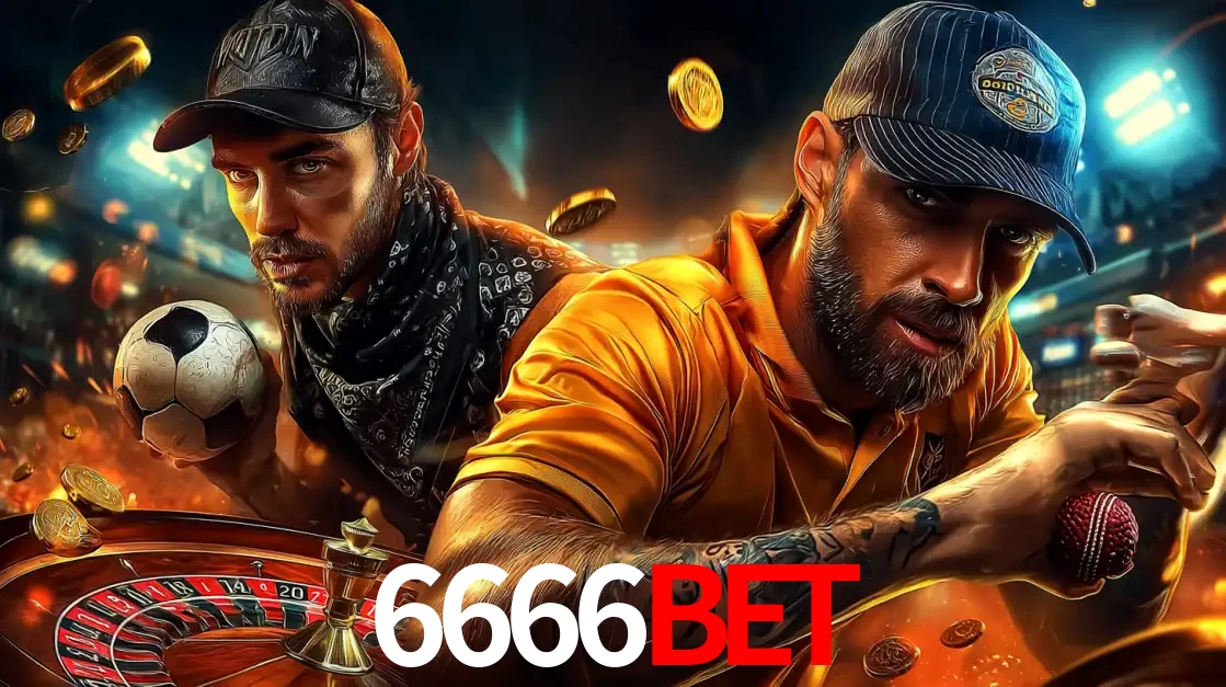 Montagem de apostas esportivas e cassino no 6666bet, com um homem segurando uma bola de futebol e outro uma de beisebol sobre uma roleta e moedas voadoras.
