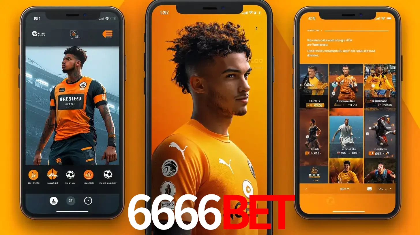 Interface do aplicativo de apostas esportivas 6666bet em três telas de celular, mostrando o perfil de um jogador de futebol e a lista de jogos disponíveis para apostar.