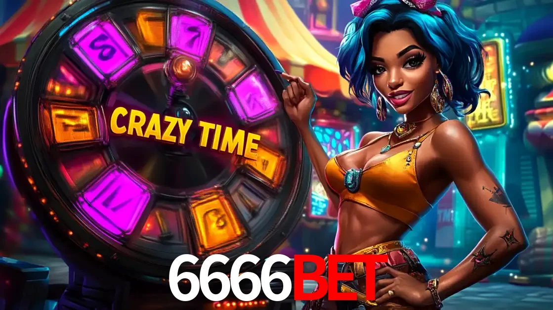 Mulher estilizada com cabelo azul e visual vibrante posando ao lado da roda de prêmios do game show Crazy Time, convidando para a diversão e os bônus do cassino 6666bet.