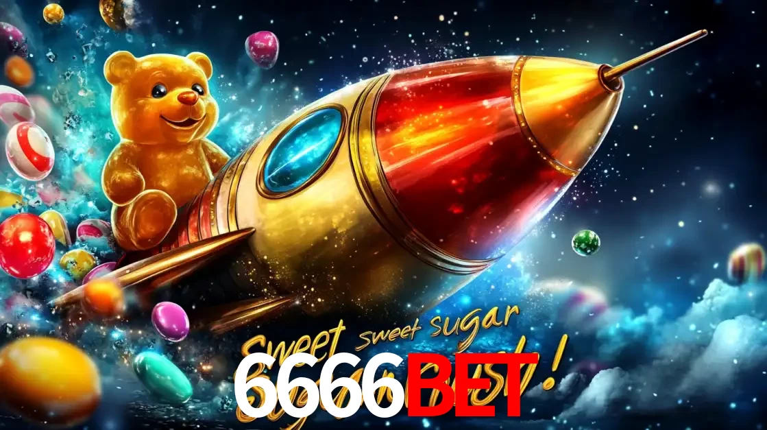 Arte promocional do jogo de slot Sugar Rush, com um urso de pelúcia em um foguete viajando pelo espaço de doces, um dos jogos divertidos disponíveis no cassino 6666bet.