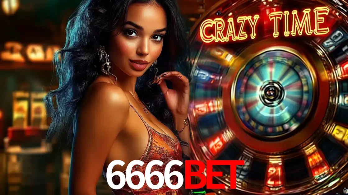 Mulher elegante ao lado da vibrante roda da fortuna do jogo de cassino ao vivo Crazy Time, um dos game shows mais populares e cheios de prêmios do 6666bet.
