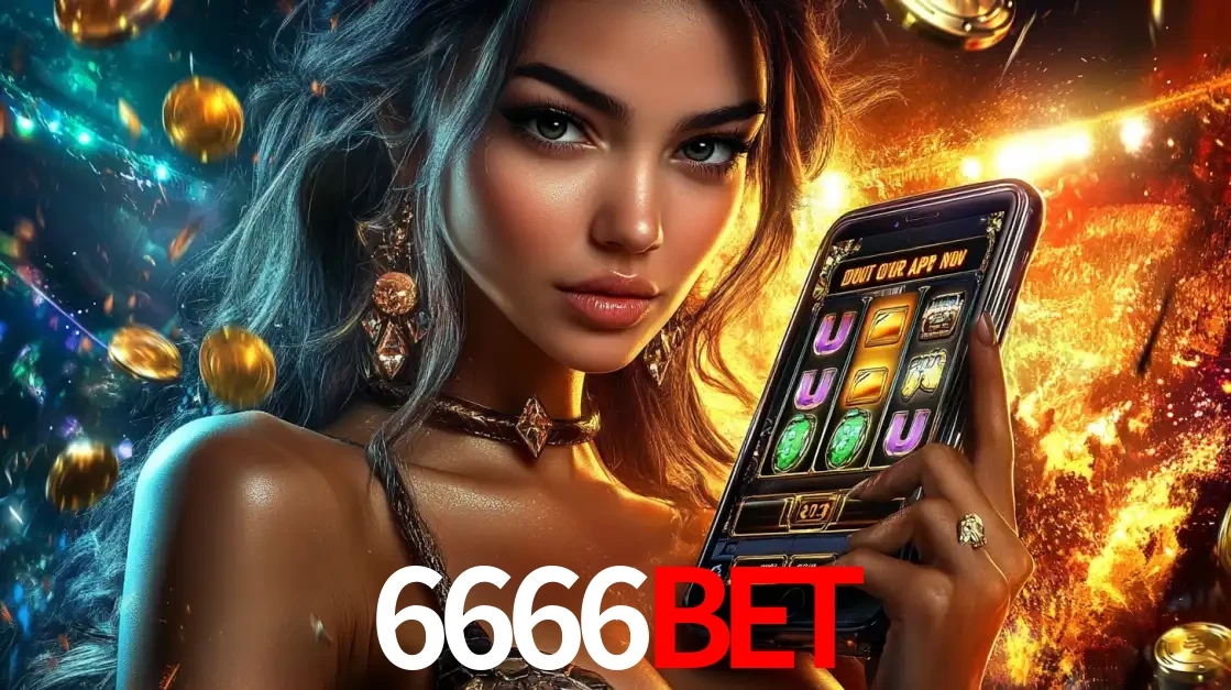 Mulher elegante mostrando um jogo de caça-níqueis em seu smartphone, destacando a experiência de cassino móvel oferecida pelo aplicativo 6666bet.
