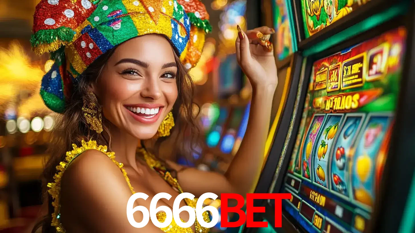 Mulher feliz com traje de carnaval amarelo e colorido ao lado de uma máquina de caça-níqueis, aproveitando a diversão e os jogos temáticos do cassino 6666bet.