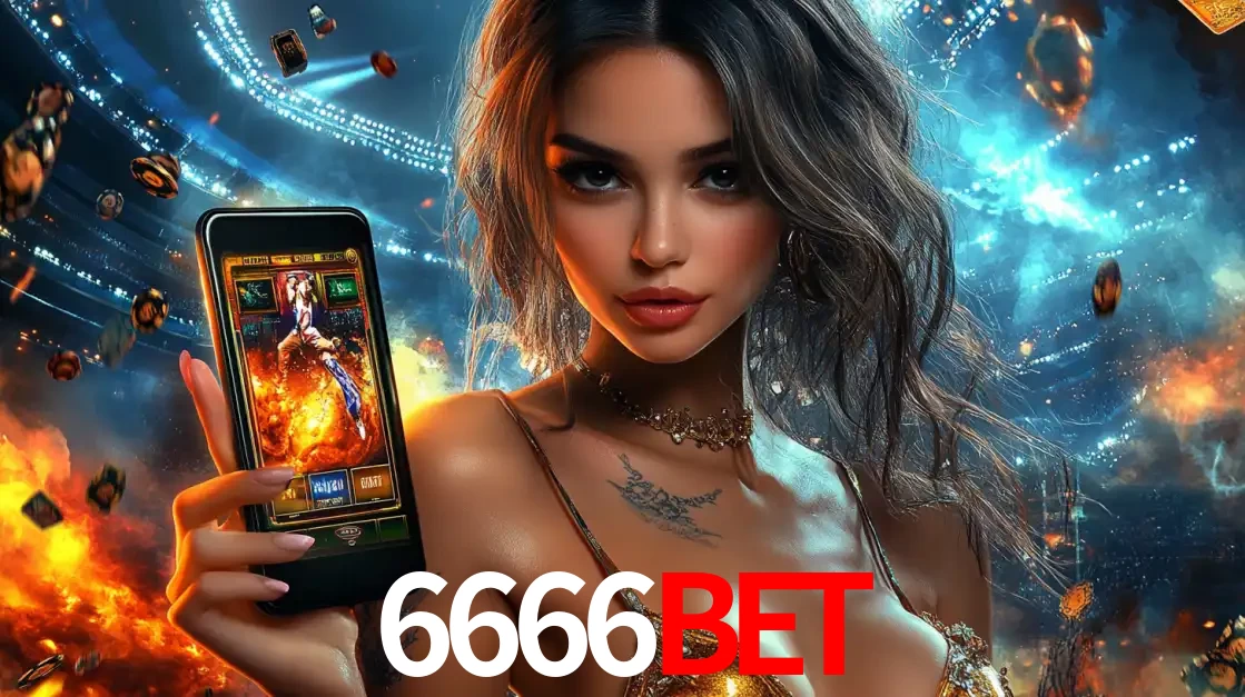 Mulher segurando um celular com um jogo de slot em destaque, tendo como fundo um estádio vibrante, simbolizando a emoção de jogar no cassino móvel 6666bet.