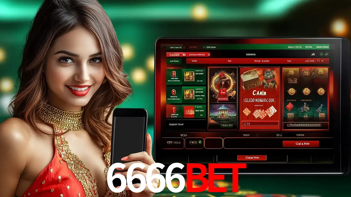 Mulher sorridente segurando um smartphone, ao lado de uma tela exibindo o lobby de jogos do cassino online 6666bet, com várias opções de jogos de cartas e slots.